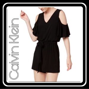 Calvin Klein Romper Shorts Womens Size 12 Black Short Sleeve Cold Shoulder EUC